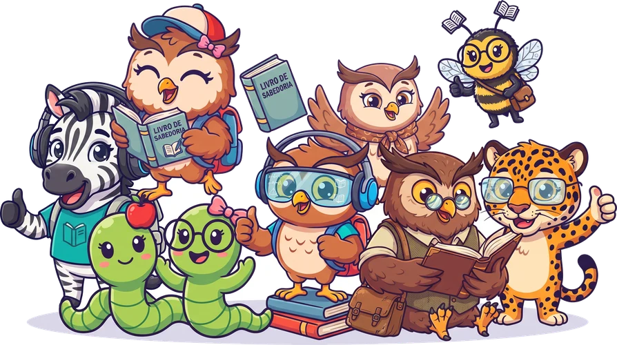 Turma de mascotes da DEUBOM estudando juntos